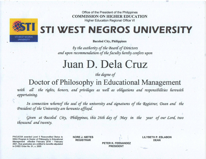 菲律宾STI西内格罗斯大学博士学位证
